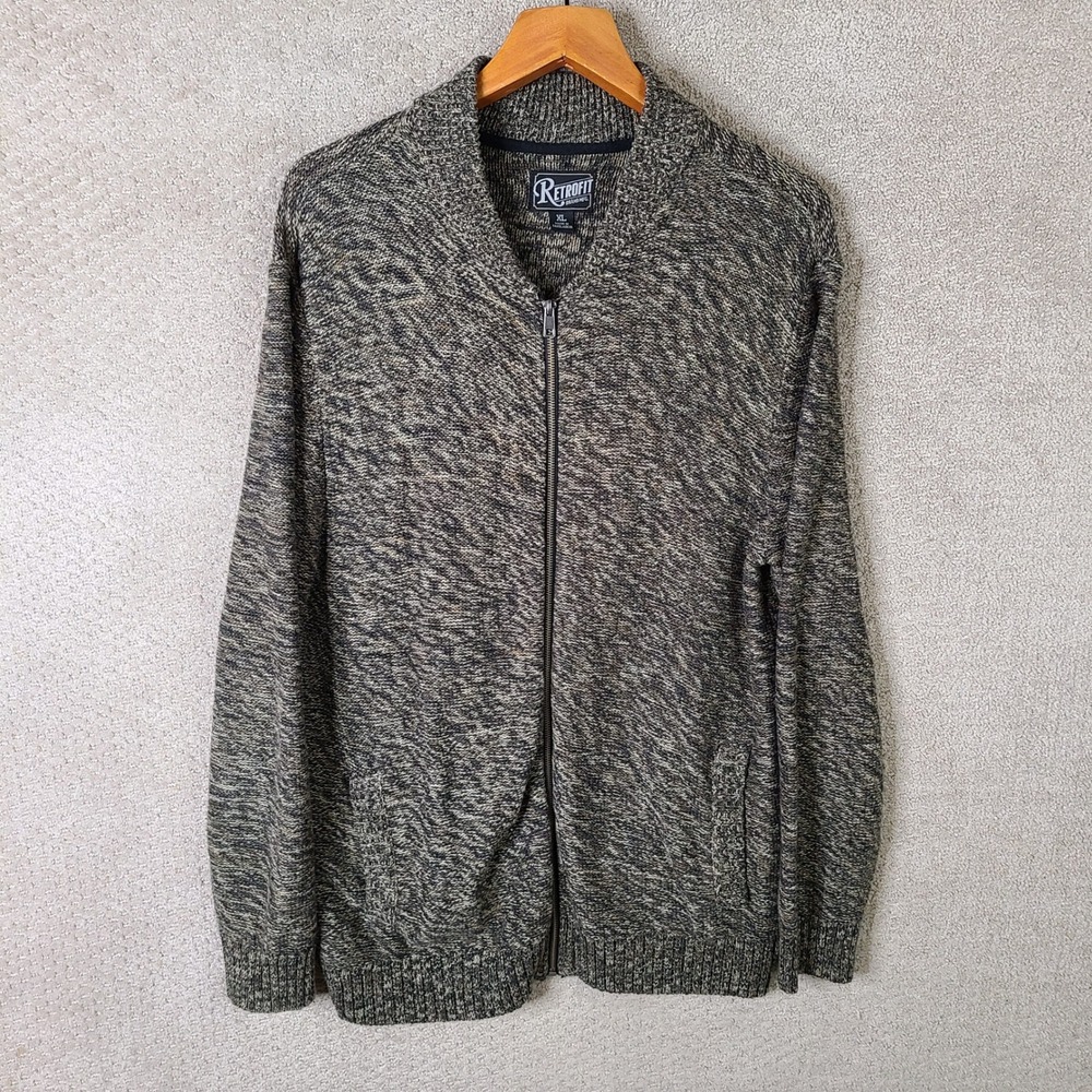 Retrofit Sweater Mens XL Gray Brown Marl Full Zip Bomber Cardigan Cotton Blend